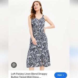 Loft Paisley Linen Blend Strappy Button Tiered Midi Dress - Navy Blueand White